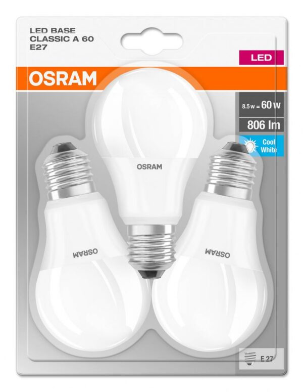 SET 3 becuri LED Osram, soclu E27, putere 8.5W, forma clasic, lumina alb, alimentare 220 – 240 V, „000004052899972636” (timbru verde 1.35 lei)