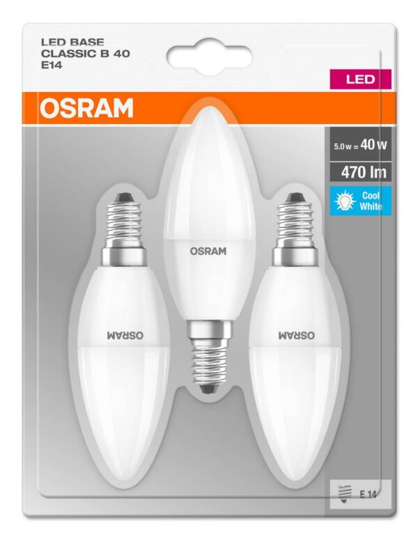 SET 3 becuri LED Osram, soclu E14, putere 5W, forma lumanare, lumina alb, alimentare 220 – 240 V, „000004052899972674” (timbru verde 1.35 lei)