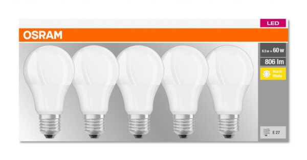 SET 5 becuri LED Osram, soclu E27, putere 9W, forma clasic, lumina alb calda, alimentare 220 – 240 V, „000004058075090484” (timbru verde 2.25 lei)