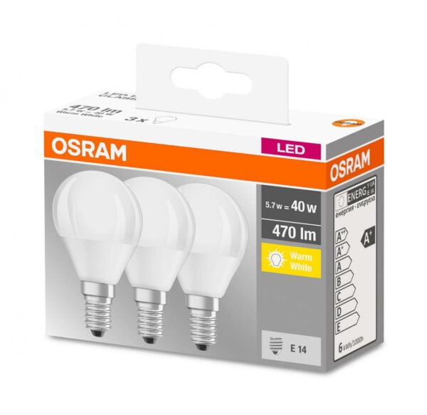 SET 3 becuri LED Osram, soclu E14, putere 5.7W, forma clasic, lumina alb calda, alimentare 220 – 240 V, „000004058075090507” (timbru verde 1.35 lei)