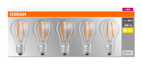 SET 5 becuri LED Osram, soclu E27, putere 7W, forma clasic, lumina alb calda, alimentare 220 – 240 V, „000004058075090569” (timbru verde 2.25 lei)