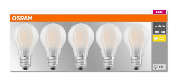 SET 5 becuri LED Osram, soclu E27, putere 7W, forma clasic, lumina alb calda, alimentare 220 – 240 V, „000004058075090620” (timbru verde 2.25 lei)