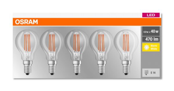 SET 5 becuri LED Osram, soclu E14, putere 4W, forma clasic, lumina alb calda, alimentare 220 – 240 V, „000004058075090668” (timbru verde 2.25 lei)