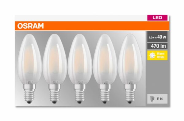 SET 5 becuri LED Osram, soclu E14, putere 4W, forma lumanare, lumina alb calda, alimentare 220 – 240 V, „000004058075090682” (timbru verde 2.25 lei)