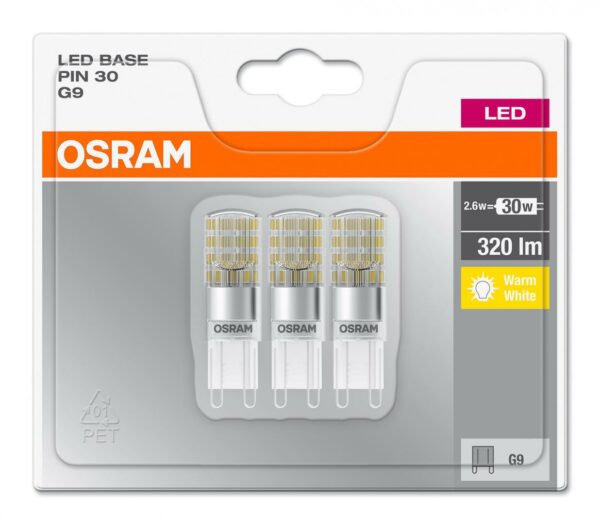 SET 3 becuri LED Osram, soclu G9, putere 2.6W, forma plat, lumina alb calda, alimentare 220 – 240 V, „000004058075093812” (timbru verde 1.35 lei)