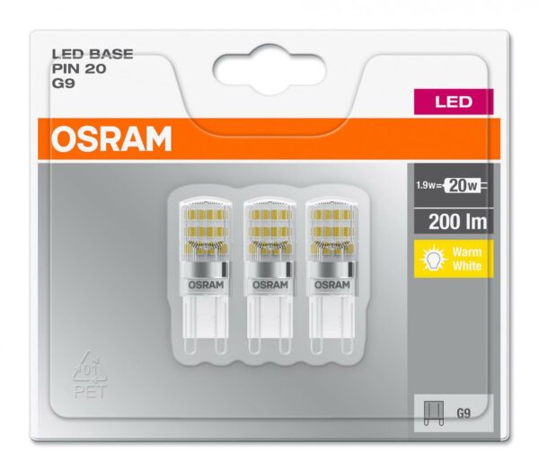 SET 3 becuri LED Osram, soclu G9, putere 1.9W, forma plat, lumina alb calda, alimentare 220 – 240 V, „000004058075093874” (timbru verde 1.35 lei)