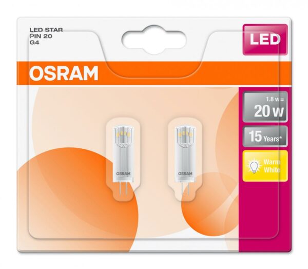 SET 2 becuri LED Osram, soclu G4, putere 1.8W, forma cilindric, lumina alb calda, alimentare 220 – 240 V, „000004058075093911” (timbru verde 0.9 lei)