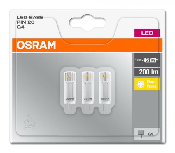SET 3 becuri LED Osram, soclu G4, putere 1.8W, forma plat, lumina alb calda, alimentare 220 – 240 V, „000004058075093935” (timbru verde 1.35 lei)