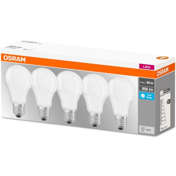 SET 5 becuri LED Osram, soclu E27, putere 8.5W, forma clasic, lumina alb, alimentare 220 – 240 V, „000004058075152632” (timbru verde 2.25 lei)