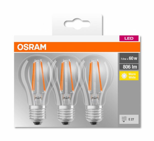 SET 3 becuri LED Osram, soclu E27, putere 7W, forma clasic, lumina alb calda, alimentare 220 – 240 V, „000004058075819290” (timbru verde 1.35 lei)