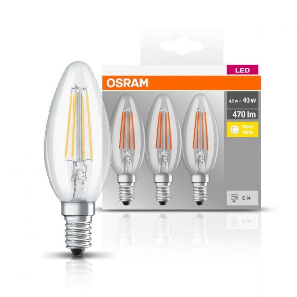 SET 3 becuri LED Osram, soclu E14, putere 4.5W, forma lumanare, lumina alb calda, alimentare 220 – 240 V, „000004058075819313” (timbru verde 1.35 lei)