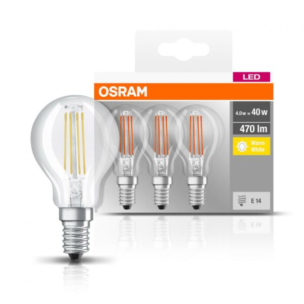 SET 3 becuri LED Osram, soclu E14, putere 4W, forma clasic, lumina alb calda, alimentare 220 – 240 V, „000004058075819337” (timbru verde 1.35 lei)