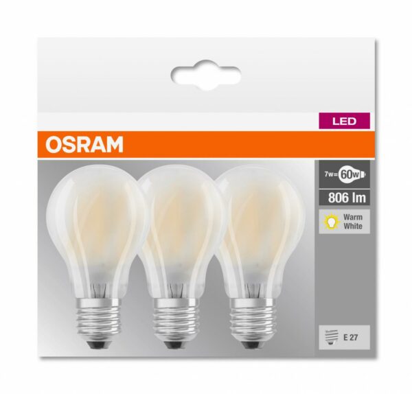 SET 3 becuri LED Osram, soclu E27, putere 7W, forma clasic, lumina alb calda, alimentare 220 – 240 V, „000004058075819351” (timbru verde 1.35 lei)