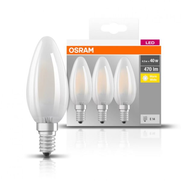 SET 3 becuri LED Osram, soclu E14, putere 4.5W, forma lumanare, lumina alb calda, alimentare 220 – 240 V, „000004058075819375” (timbru verde 1.35 lei)