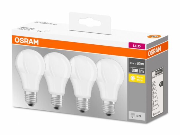 SET 4 becuri LED Osram, soclu E27, putere 8.5W, forma clasic, lumina alb calda, alimentare 220 – 240 V, „000004058075819450” (timbru verde 1.80 lei)