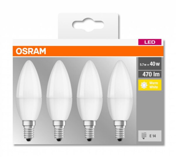 SET 4 becuri LED Osram, soclu E14, putere 5.7W, forma lumanare, lumina alb calda, alimentare 220 – 240 V, „000004058075819474” (timbru verde 1.80 lei)