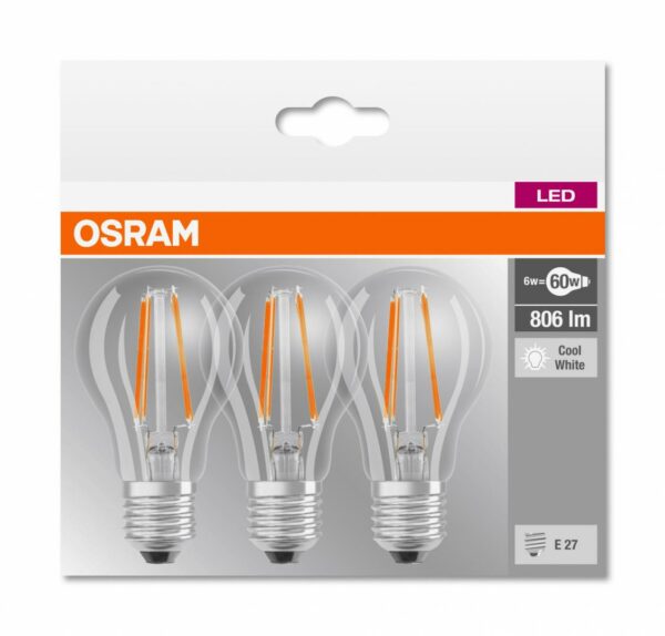 SET 3 becuri LED Osram, soclu E27, putere 6W, forma clasic, lumina alb rece, alimentare 220 – 240 V, „000004058075819535” (timbru verde 1.35 lei)