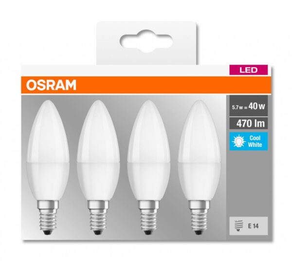 SET 4 becuri LED Osram, soclu E14, putere 5.7W, forma lumanare, lumina alb, alimentare 220 – 240 V, „000004058075819610” (timbru verde 1.80 lei)