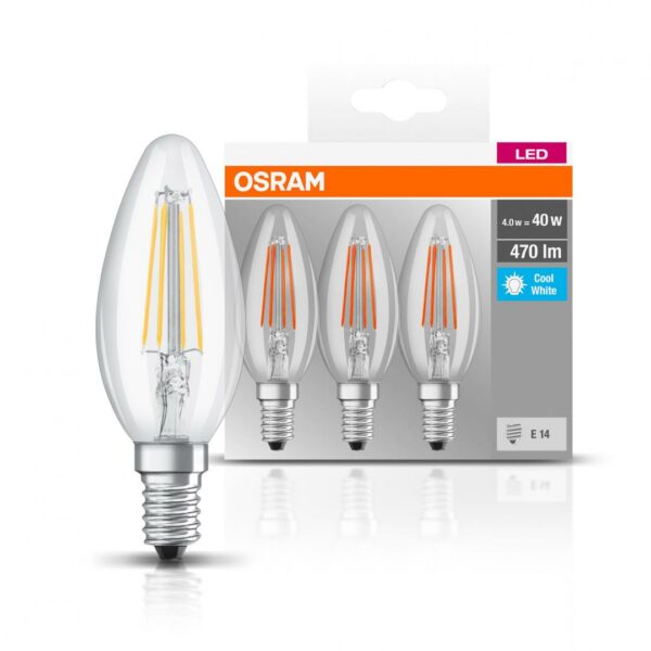 SET 3 becuri LED Osram, soclu E14, putere 4W, forma lumanare, lumina alb, alimentare 220 – 240 V, „000004058075819719” (timbru verde 1.35 lei)