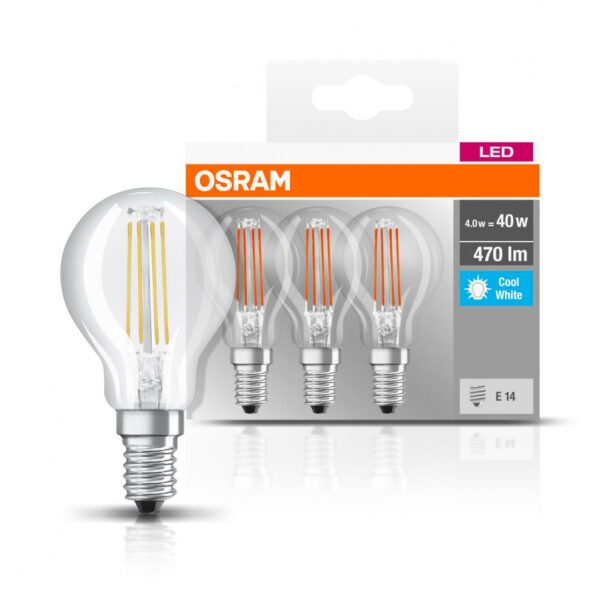 SET 3 becuri LED Osram, soclu E14, putere 4W, forma clasic, lumina alb, alimentare 220 – 240 V, „000004058075819733” (timbru verde 1.35 lei)