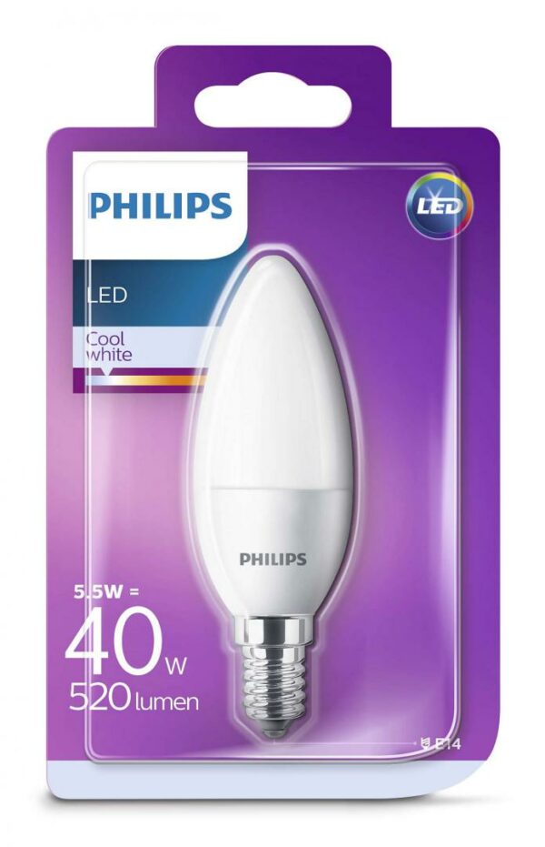 BEC LED Philips, soclu E14, putere 5.5W, forma lumanare, lumina alb calda, alimentare 220 – 240 V, „000008718696543542” (timbru verde 0.45 lei)