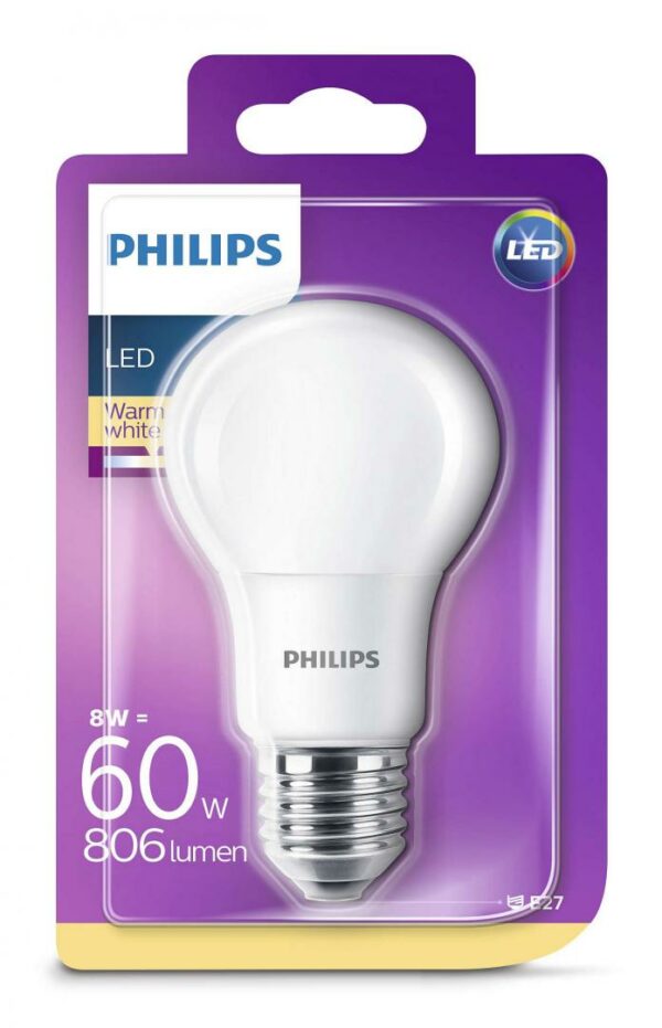BEC LED Philips, soclu E27, putere 8W, forma clasic, lumina alb calda, alimentare 220 – 240 V, „000008718696577073” (timbru verde 0.45 lei)