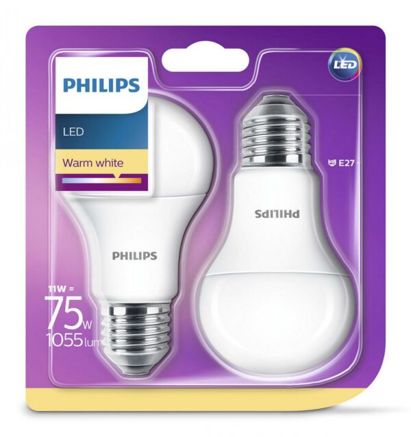 SET 2 becuri LED Philips, soclu E27, putere 11W, forma clasic, lumina alb calda, alimentare 220 – 240 V, „000008718696586112” (timbru verde 0.9 lei)