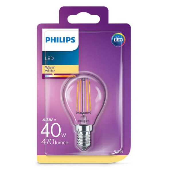 BEC LED Philips, soclu E14, putere 4.3W, forma clasic, lumina alb calda, alimentare 220 – 240 V, „000008718696587317” (timbru verde 0.45 lei)