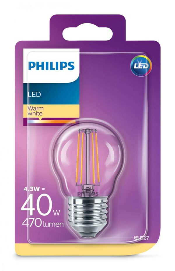 BEC LED Philips, soclu E27, putere 4.3W, forma clasic, lumina alb calda, alimentare 220 – 240 V, „000008718696587331” (timbru verde 0.45 lei)
