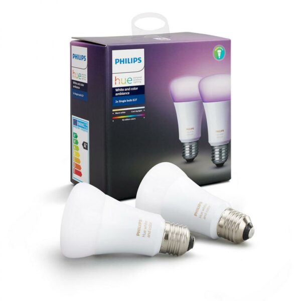 SET 2 becuri smart LED Philips, soclu E27, putere 10W, forma clasic, lumina multicolora, alimentare 220 – 240 V, „000008718696729052”(timbru verde 0.9 lei)