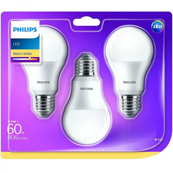 SET 3 becuri LED Philips, soclu E27, putere 9W, forma clasic, lumina alb calda, alimentare 220 – 240 V, „000008718696761267” (timbru verde 1.35 lei)
