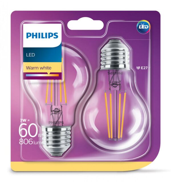 SET 2 becuri LED Philips, soclu E27, putere 7W, forma clasic, lumina alb calda, alimentare 220 – 240 V, „000008718696768587” (timbru verde 0.9 lei)