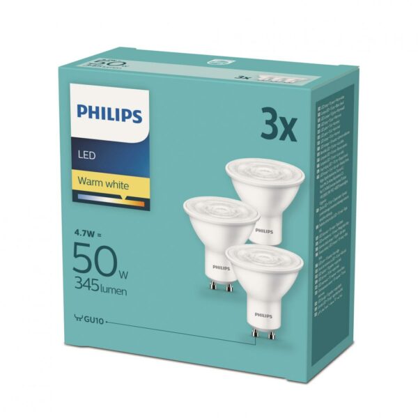 SET 3 SPOTURI incastrate LED Philips, soclu GU10, putere 3.8W, forma spot, lumina alb calda, alimentare 220 – 240 V, „000008718696829110” (timbru verde 1.35 lei)