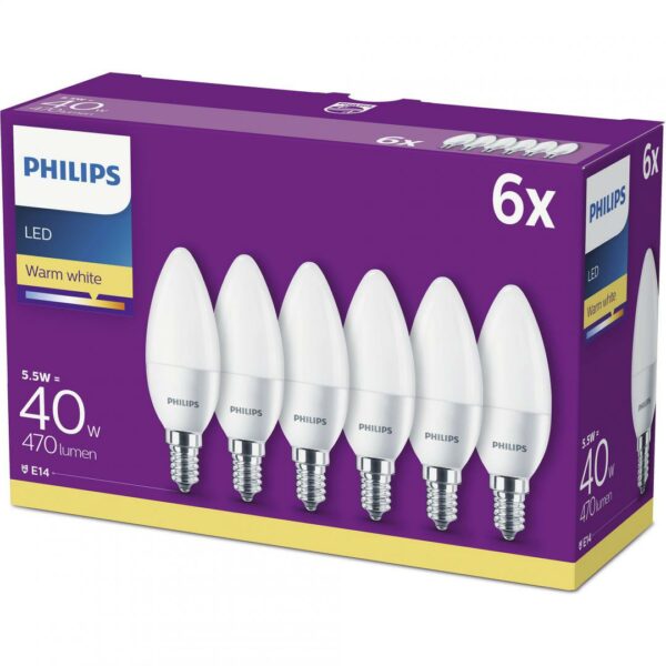 SET 6 becuri LED Philips, soclu E27, putere 5.5W, forma lumanare, lumina alb calda, alimentare 220 – 240 V, „000008718696829912” (timbru verde 2.7 lei)
