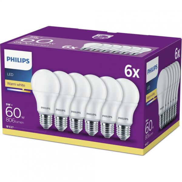 SET 6 becuri LED Philips, soclu E27, putere 9W, forma clasic, lumina alb calda, alimentare 220 – 240 V, „000008718696829998” (timbru verde 2.7 lei)