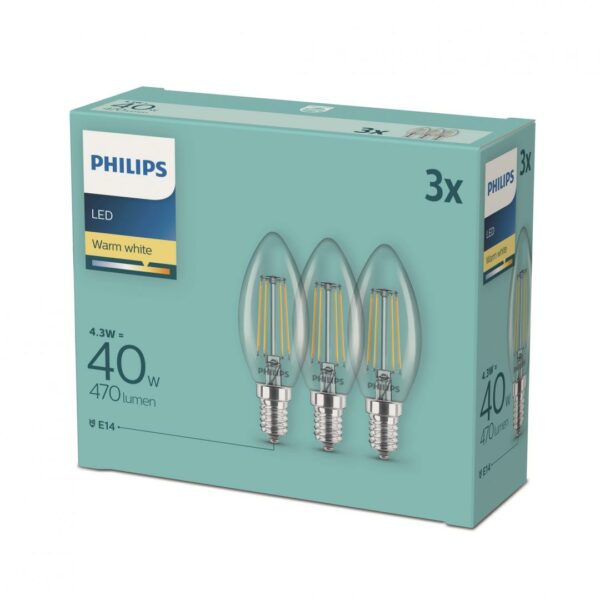 SET 3 becuri LED Philips, soclu E14, putere 4.3W, forma lumanare, lumina alb calda, alimentare 220 – 240 V, „000008718699612337” (timbru verde 1.35 lei)