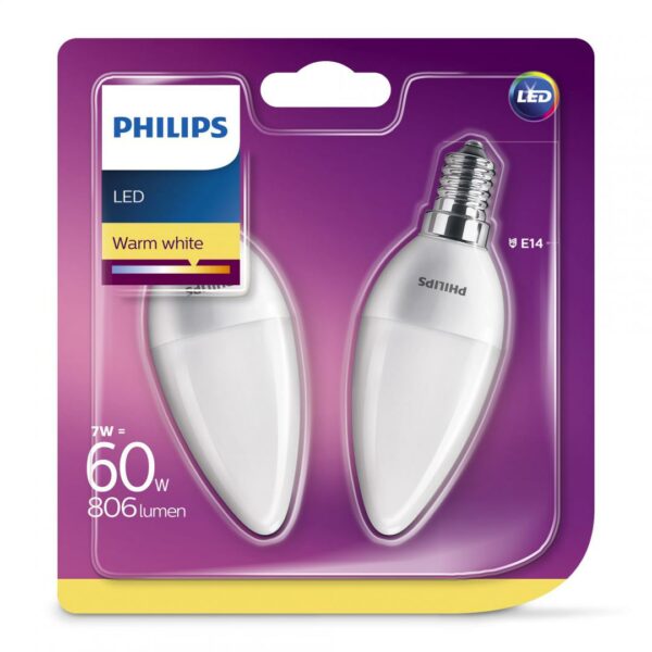 SET 2 becuri LED Philips, soclu E14, putere 7W, forma lumanare, lumina alb calda, alimentare 220 – 240 V, „000008718699614157” (timbru verde 0.9 lei)