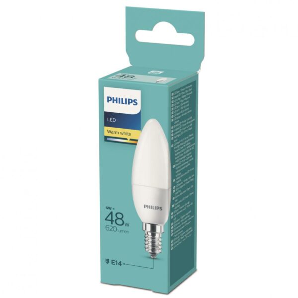 BEC LED Philips, soclu E14, putere 6W, forma lumanare, lumina alb calda, alimentare 220 – 240 V, „000008718699632434” (timbru verde 0.45 lei)