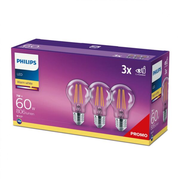 SET 3 becuri LED Philips, soclu E27, putere 7W, forma clasic, lumina alb calda, alimentare 220 – 240 V, „000008718699665081” (timbru verde 1.35 lei)