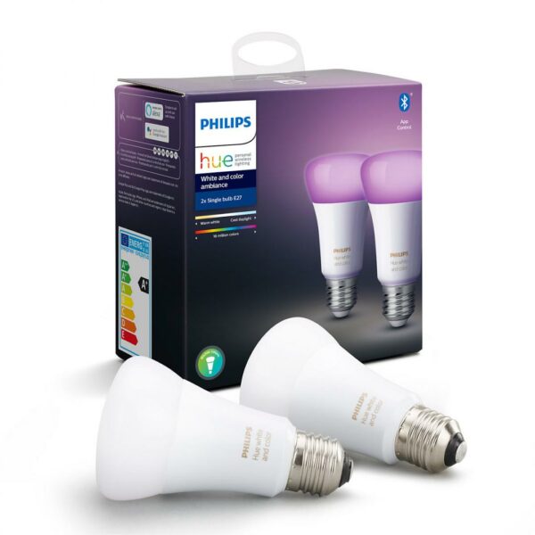 SET 2 becuri smart LED Philips, soclu E27, putere 9W, forma clasic, lumina multicolora, alimentare 220 – 240 V, „000008718699673284”(timbru verde 0.9 lei)