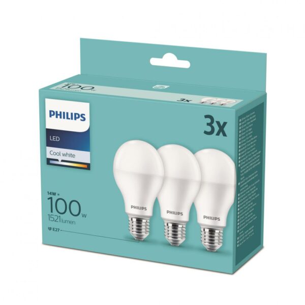 SET 3 becuri LED Philips, soclu E27, putere 14W, forma clasic, lumina alb rece, alimentare 220 – 240 V, „000008718699694906” (timbru verde 1.35 lei)