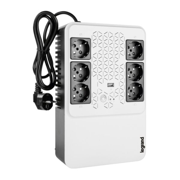 UPS LEGRAND, „Keor Multiplug”, Line Int. cu management, brick, 600VA/360W, AVR, Schuko x 6, 1 x baterie 12V/7.2Ah, back-up 1 – 10 min., „LN310081” (timbru verde 40 lei)