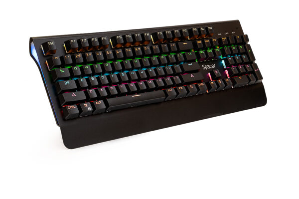 TASTATURA MECANICA SPACER USB, switch-uri mecanice albastre,iluminare RGB, 50 mil. apasari, 104 taste, anti-ghosting 26 taste, anti-spill, palm rest metalic, black, „SPKB-MK-01” (timbru verde 0.8 lei)