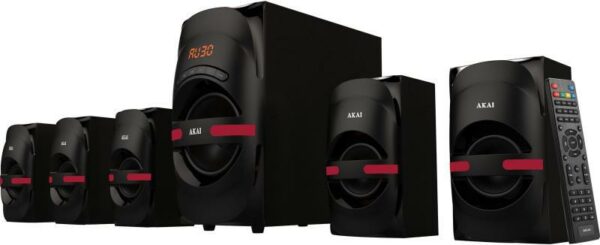 BOXE PC AKAI, 5.1, RMS 5 x 12 W, Bluetooth, cu fir, telecomanda wireless, conector Bluetooth, alimentare 220V, Jack 3.5mm, USB, negru, „HT014A-5086F” (timbru verde 11.00 lei)