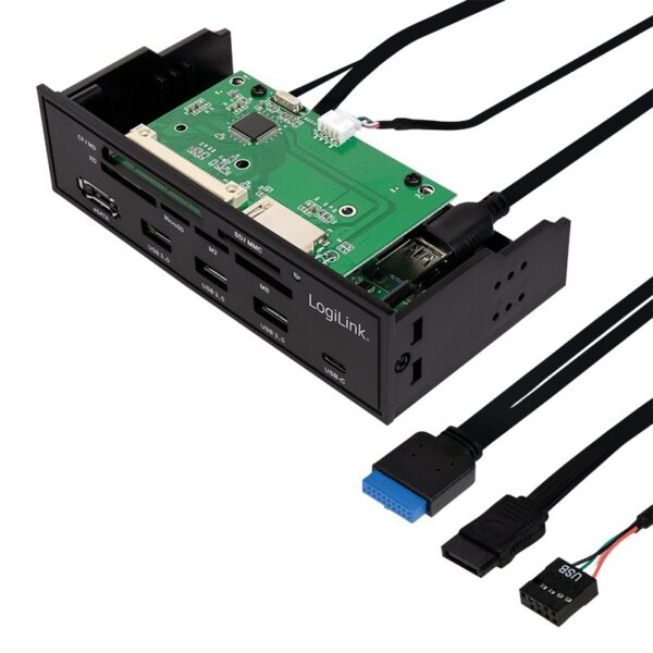 HUB intern LOGILINK, porturi USB: USB 3.0 x 3, USB Type C, conectare prin USB 2.0, S-ATA, alte porturi: SD, MicroSD, M2, MS, XD, CF, eSATA, negru, for 5.25″ bay, black,”UA0341″ (timbru verde 0.8 lei)