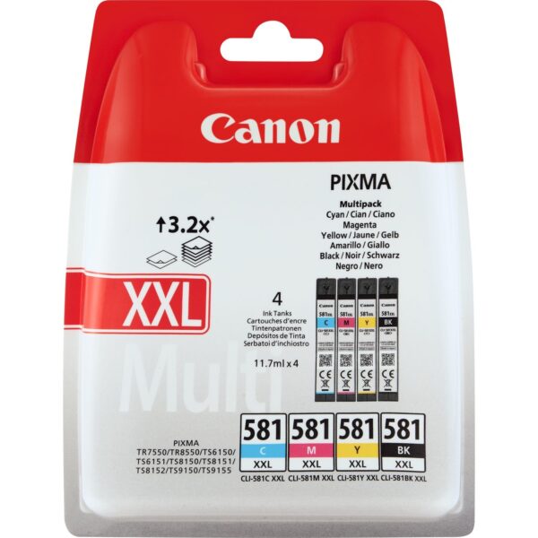 Combo-Pack Original Canon CMYK, CLI-581XXL CMYK, pentru Pixma TR7550|TR8550|TS6150|TS6250|TS705|TS8150|TS8250|TS9150|TS9155|TS9550, , (timbru verde 0.15 lei), „1998C005AA”