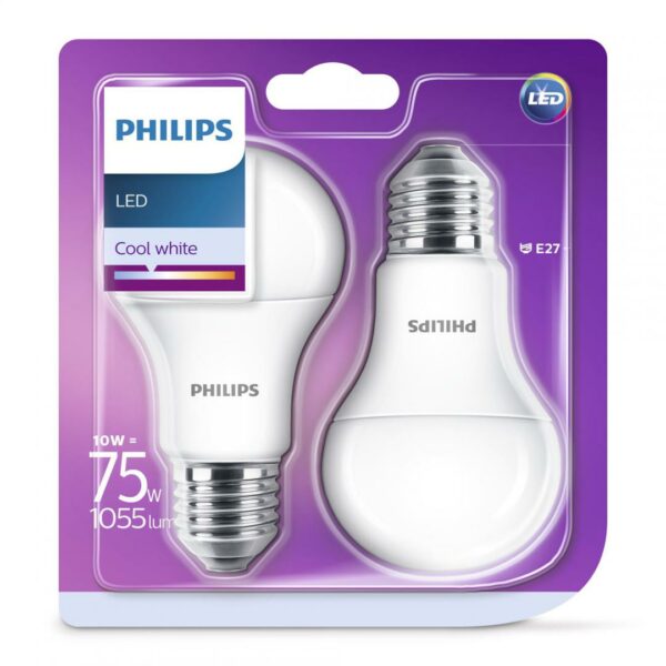 SET 2 becuri LED Philips, soclu E27, putere 10W, forma clasic, lumina alb, alimentare 220 – 240 V, „000008718696813751” (timbru verde 0.9 lei)