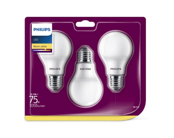 SET 3 becuri LED Philips, soclu E27, putere 10.5W, forma clasic, lumina alb calda, alimentare 220 – 240 V, „000008718699616045” (timbru verde 1.35 lei)