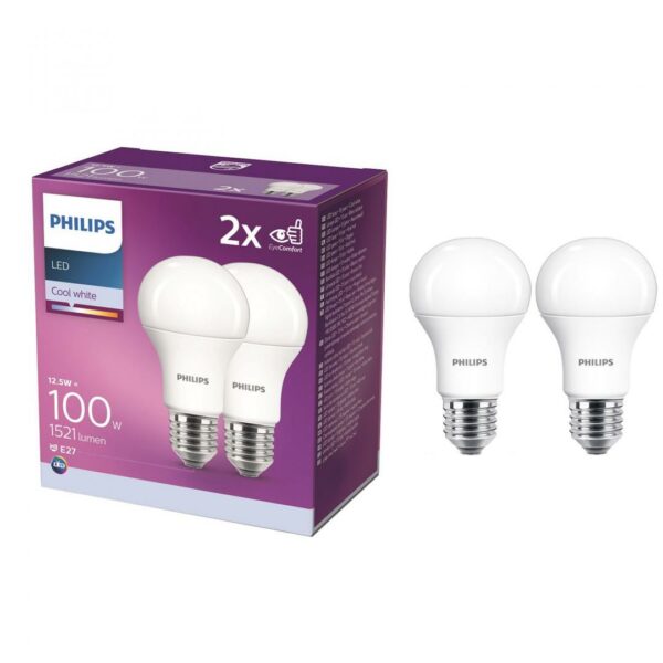 SET 2 becuri LED Philips, soclu E27, putere 12.5W, forma clasic, lumina alb, alimentare 220 – 240 V, „000008718699726959” (timbru verde 0.9 lei)