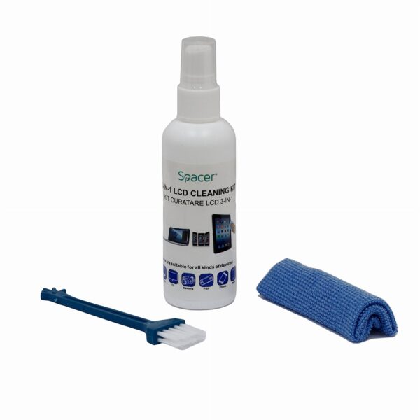 KIT curatare LCD 3-in-1 Spacer, solutie curatare 100ml, pensula, servetel microfibre, 45507055 „SP-CL-01”